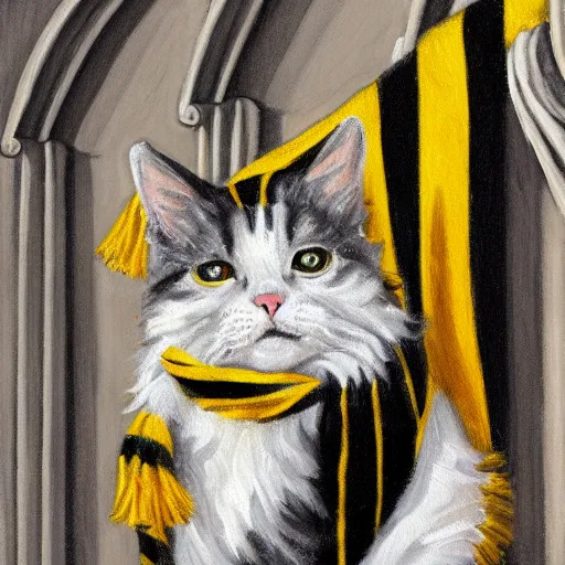 Image similar to oil painting extreme wide shot of a white and grey tabby cat wearing a black yellow striped hufflepuff scarf, in the gloucester cathedral cloisters, digital painting, high detail, award - winning, playful