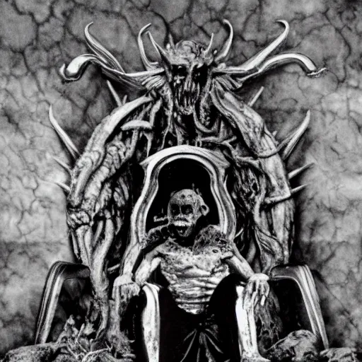 Prompt: horror film photography of satan sitting in his throne in Hell