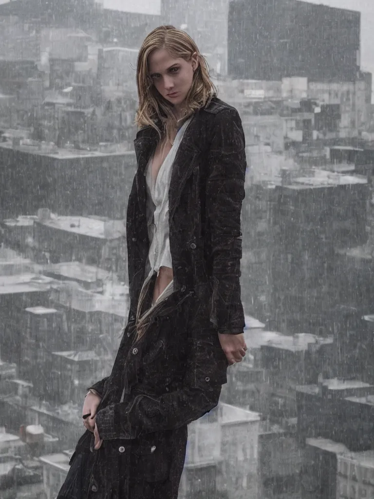 Image similar to cute model annie leonhart posing in dunwall city on building roof, beautiful face, detailed face, realistic eyes, cinematic lighting, rainy weather, melancholy atmosphere, volumetric light, gothic architecture, realistic reflections, model agency, instagram photo, depression atmosphere, shot on sony a 6 4 0 0 camera, beauty filter, postprocessing