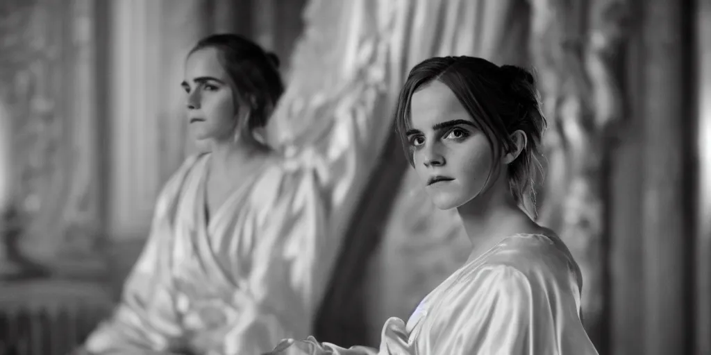 Prompt: portrait closeup Emma Watson long hair flowing silk robes baroque room candles mirrors cinematic lighting stanley kubrick barry lyndon 4k canon 5d mk4