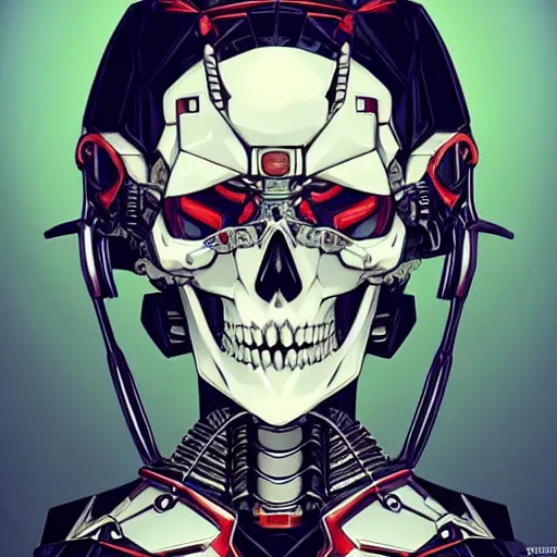 Image similar to anime manga skull portrait young woman gundam cyborg skeleton, intricate, elegant, highly detailed, digital art, ffffound, art by JC Leyendecker and sachin teng