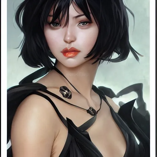 Prompt: cassandra cain in a sexy black dress, beautiful face!!!!, 2 7 years old, cg animation, riot entertainment, arcane, realistic, character select portrait, by artgerm, greg rutkowski, alphonse mucha, 3 d