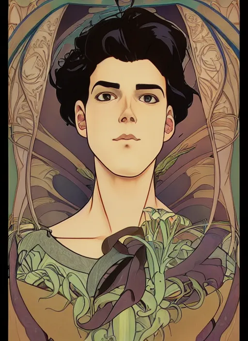 Image similar to well - lit art nouveau portrait of a young man with short black hair, natural lighting, path traced, highly detailed, high quality, cartoon, digital painting, by don bluth and ross tran and studio ghibli and alphonse mucha