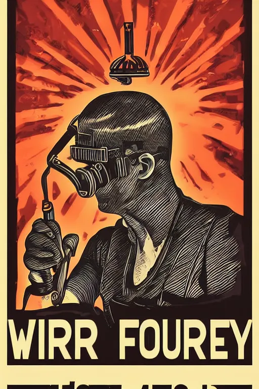 Image similar to worker burn factory with oculus through his head, poster propaganda art style, higly detailed