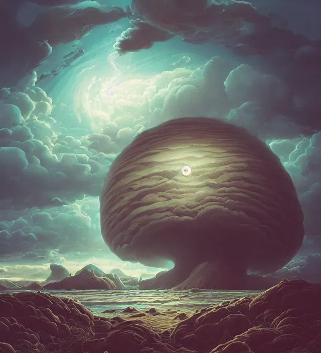 Image similar to a giant 🌊 swirling in the sky above a barren 🏜 by ivan shishkin and zacharias aagaard and simon stalenhag and dan mumford and josan gonzalez, surrealism, chiaroscuro, hyper detailed, high saturation, retrowave