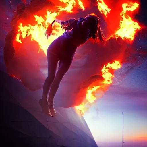 Prompt: a woman up there, sci - fi, on fire, giant, photoshop, creative and cool, photo manipulation