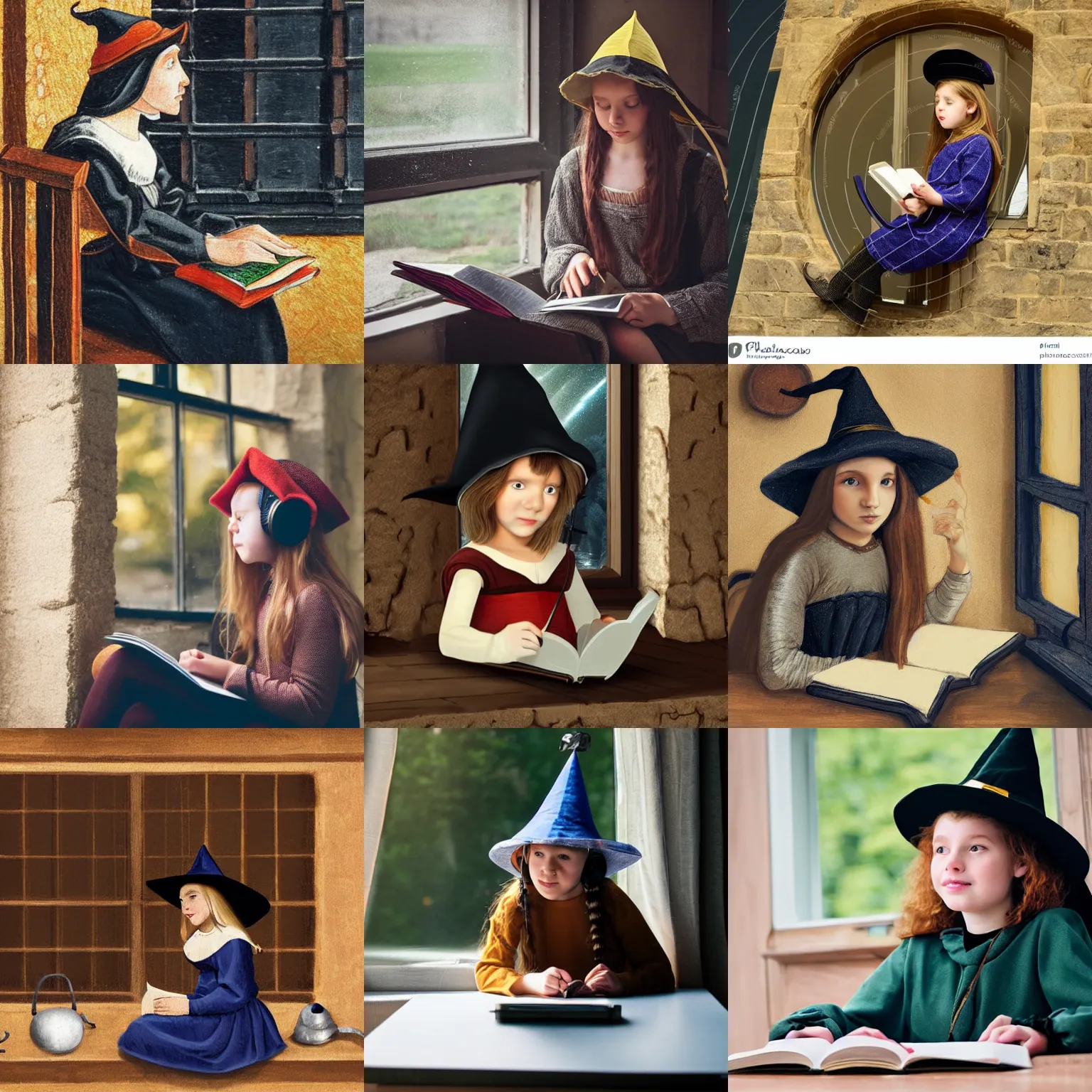 Prompt: young medieval girl wearing witch's hat and headphones sitting studying next open window