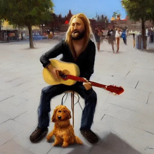 Image similar to oil painting of a young man with long hair blond and a beard hippie style with his golden retrever dog playing guitar in the square for money, people watching around, by greg rutkowski, artstation