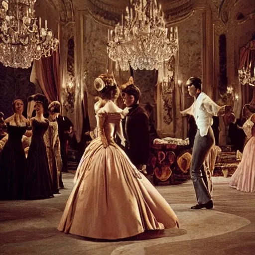 Image similar to ballroom scene from the leopard by luchino visconti with alain delon and claudia cardinale set in the 1 9 th century in an italian villa. technicolor, highly intricate, 5 0 mm