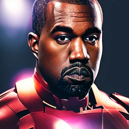 Image similar to Portrait of Kanye West as Ironman, splash art, movie still, cinematic lighting, dramatic, octane render, long lens, shallow depth of field, bokeh, anamorphic lens flare, 8k, hyper detailed, 35mm film grain