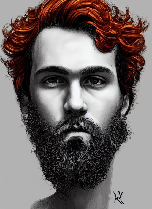 Prompt: illustration of a short curly orange hair man as a portrait, smooth, reflects, masterpiece artwork, ultra detailed, artgerm, style by karl marx, digital art, trending on artstation, behance, deviantart