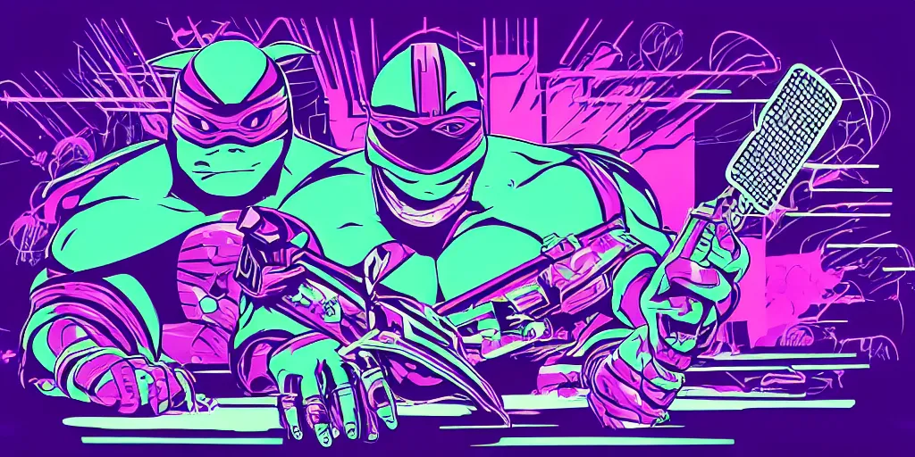 Image similar to vaporwave, vector graphics, ninja turtles, shredder, synthwave, neon