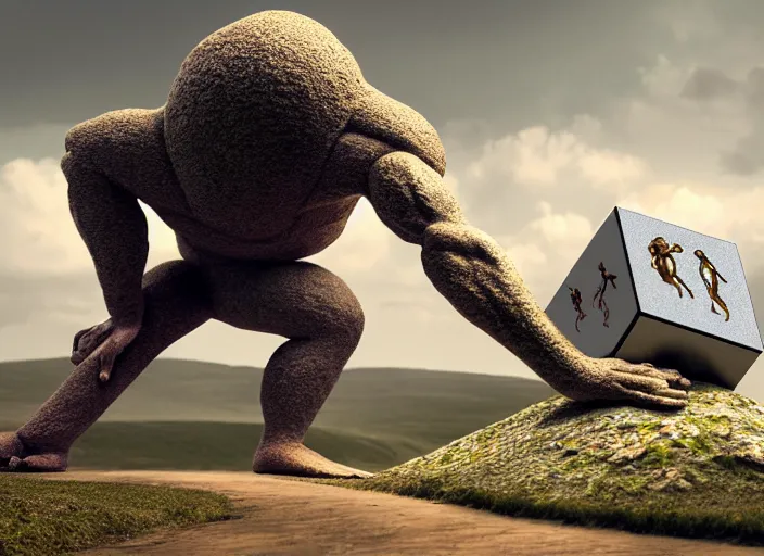 Prompt: hyper realistic detailed image of athletic pepe the frog pushing huge tungsten metallic cube up a hill, sisyphus compostition, by ayami kojima, amano, beeple, greg hildebrandt, and mark brooks, mystical, renaissance color palette, cinematic light, low angle, long cinematic shot by andrei tarkovsky, extremely detailed, very coherent symmetrical artwork