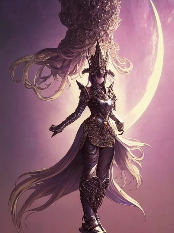 Prompt: full body picture of a moon knightress in the temple, coveted, beautiful and aesthetic, intricate, unreal engine, messy hair, highly detailed, detailed face, smooth, sharp focus, chiaroscuro, manga illustration, artgerm, greg rutkowski, ilya kuvshinov, rossdraws, alphonse mucha, young adult light novel cover art