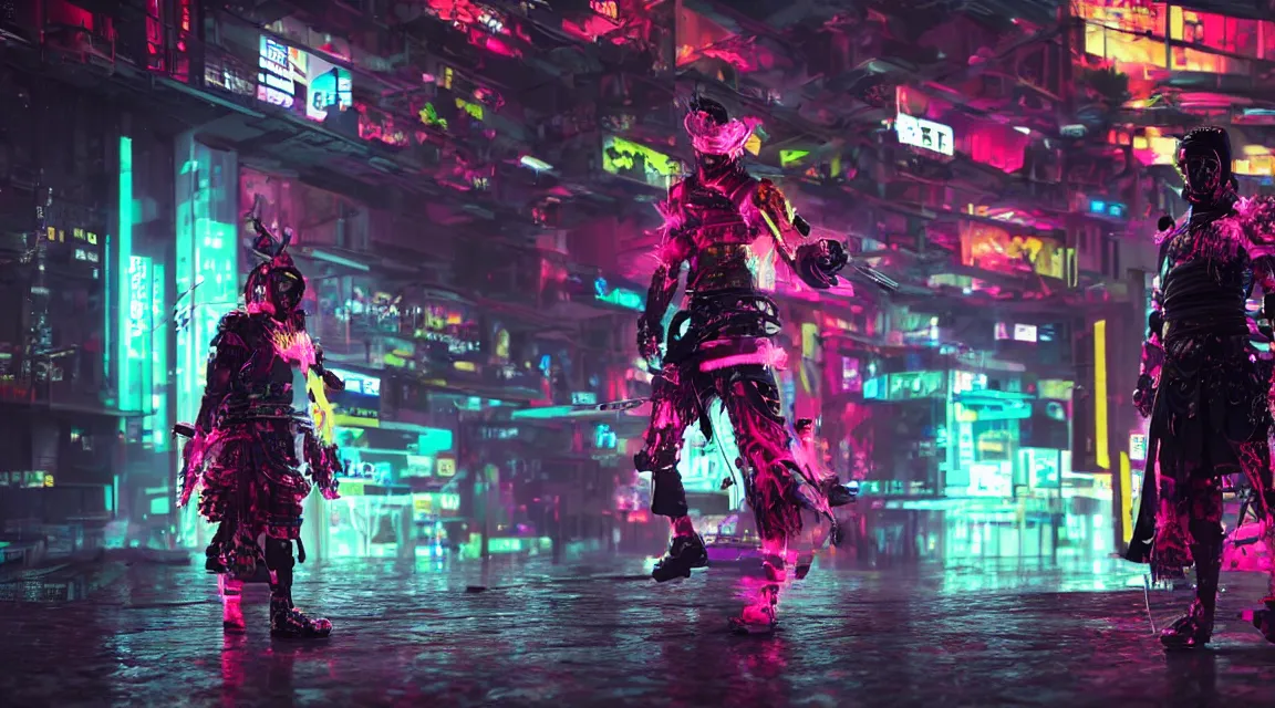 Prompt: cyberpunk samurai, wearing fluorescent clothing, glowing katana, rain, octane render, unreal engine