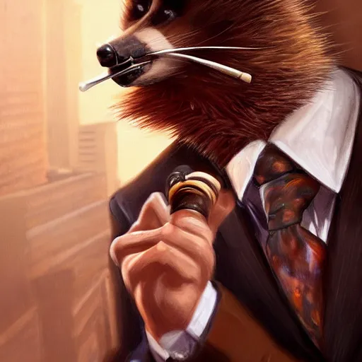 Image similar to a racoon wearing a suit smoking a cigar on his mouth, dramatic lighting, cinematic, establishing shot, extremly high detail, photorealistic, cinematic lighting, artstation, style by James Gurney