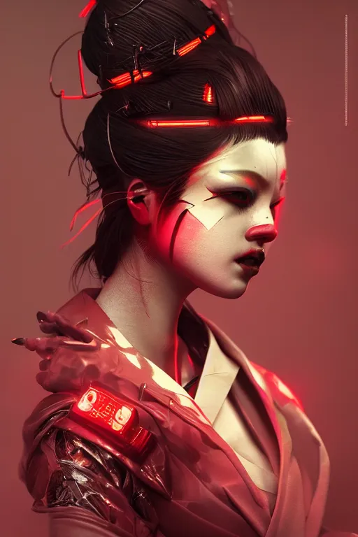 Image similar to Incredibly cyberpunk geisha by Ash Thorp and Artgerm, red LED lights, extremely beautiful and proportionate face, sharp focus, hyper detailed, octane render, biomechanical, volumetric lighting