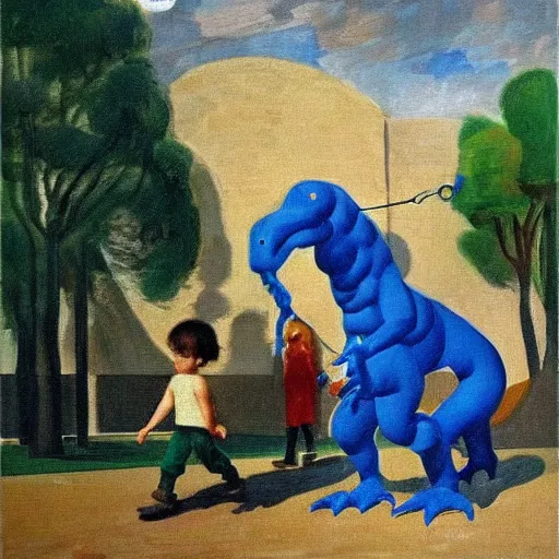 Prompt: a kid at the park walking a dinosaur with a leash, renaissance oil painting by Yves Klein and Judson Huss and Natalia Goncharova, artstation