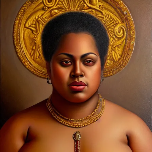 Image similar to A portrait of a strong and thick attractive non-binary person, dark tone skin, Mexican, oil painting, majestic, detailed, high resolution