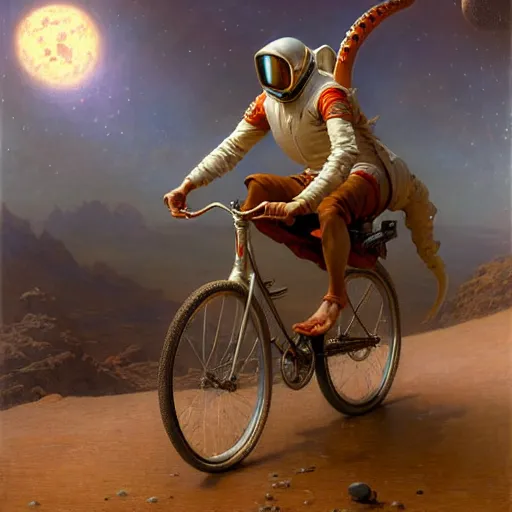 Image similar to a squid riding bicycle on the moon. highly detailed painting by gaston bussiere, greg rutkowski, j c leyendecker 8 k