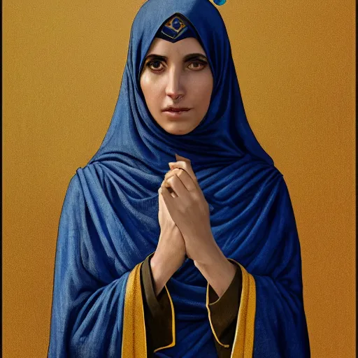 Image similar to portrait of a middle - eastern female cleric with straight black hair wearing blue and yellow vestments exploring a village in a desert, fantasy, highly detailed, digital painting, artstation, concept art, character art, art by greg rutkowski and tyler jacobson and alphonse mucha