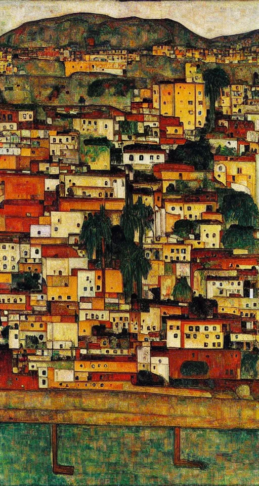 Prompt: small city in south of iran with a bridge on local river and palm trees, painting by egon schiele