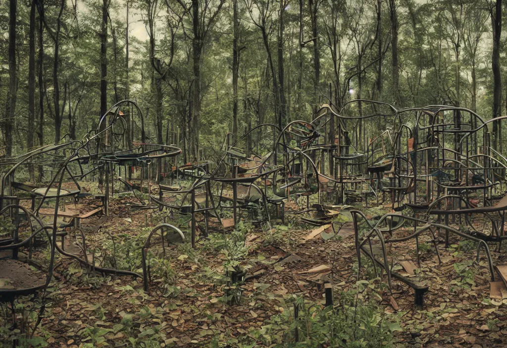 Image similar to an abandoned creepy playground in the middle of a dense forest, high detail