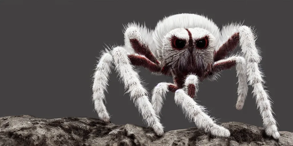 Image similar to white tarantula spider with red eyes, white background, fur, very realistic, highly detailed, hyperrealism, photo, by greg rutkowski, cinematic, dynamic lighting, octane render