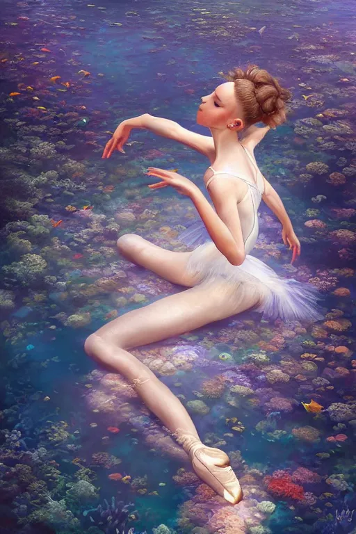 Prompt: stunningly beautiful, ballerina at the bottom of the great barrier reef by jaques cousteau, smooth, focus, highly detailed, hyper realistic, intricate, concept art, art by wlop