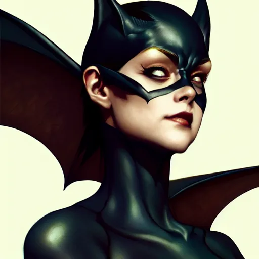 Image similar to 3 / 4 view of a portrait of bat woman with bat wings, confident pose, pixie, genshin impact,, intricate, elegant, sharp focus, illustration, highly detailed, concept art, matte, trending on artstation, anime, art by wlop and artgerm and greg rutkowski, marvel comics h 6 4 0