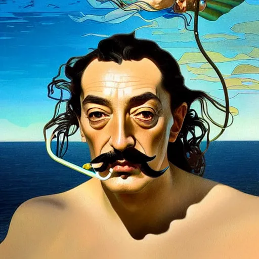 Image similar to portrait of salvador dali snorkeling in cap de ras, highly detailed, digital painting, artstation, sharp focus, illustration, art by tan zi and alphonse mucha