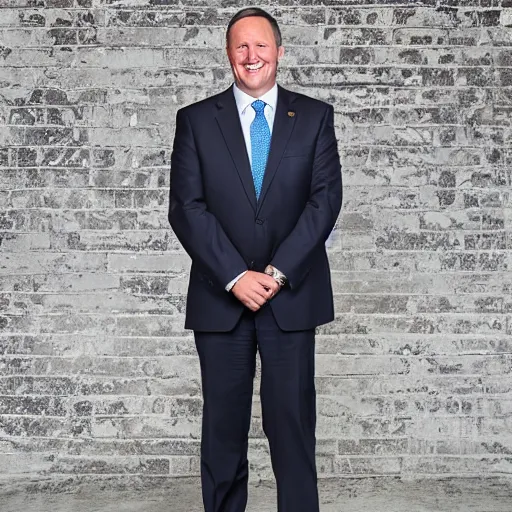 Image similar to a beautiful studio photo portrait of john key, happy and smiling