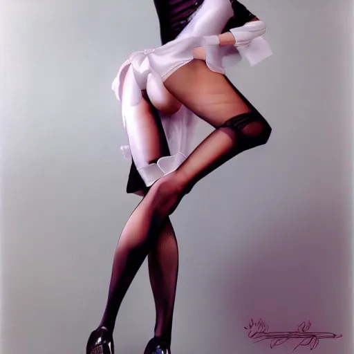 Prompt: gorgeous gynoid touching her own silk stockings, hyperrealistic, octane, highly detailed,