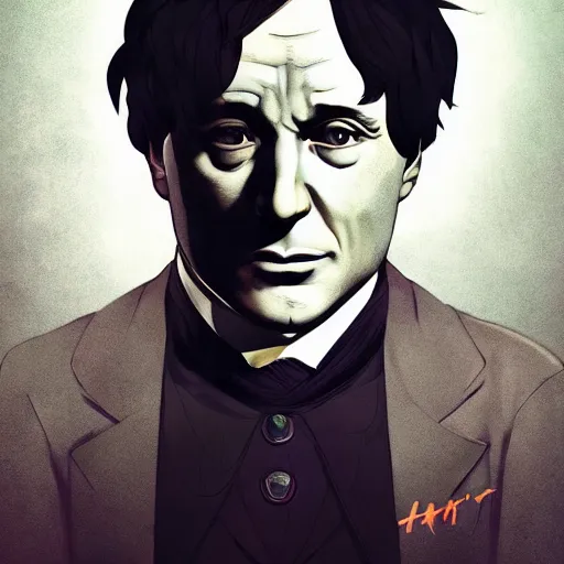 Prompt: portrait of harry houdini world greatest magician, anime fantasy illustration by tomoyuki yamasaki, kyoto studio, madhouse, ufotable, square enix, cinematic lighting, trending on artstation