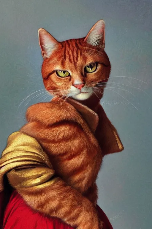 Prompt: close - up anthropomorphic reddish cat with a pearl earring, in a rich furcoat, beautiful, cinematic lighting, highly detailed, digital art, oil painting, highly detailed, sharp focus, matte painting, renaissance painting, by kinkade, by alphonse mucha, by leyendecker, by rutkowsky,