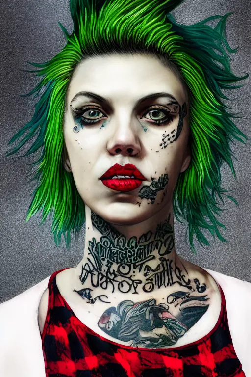Image similar to upper body portrait hannah murray as a punk woman with green mohawk, covered in neotraditional style tattoos, septum ring, piercings, wearing a bold tee shirt, flannel jacket, fishnets and a long tartan skirt, intimidating, max details, hyperrealistic, photorealistic, ultra - realistic, ultra - detailed, cinematic, 8 k resolution by alan lee