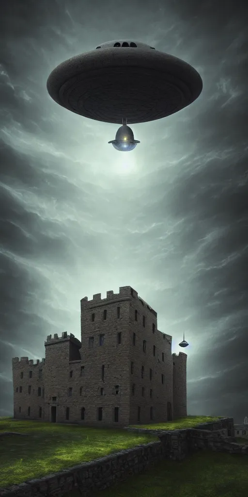 Image similar to ufo alien spacecraft hovering over a stone brick castle, matte oil painting, medieval, fantasy landscape, ominous, creepy, courtyards, archs, detailed, sharp, crisp, 4 k image