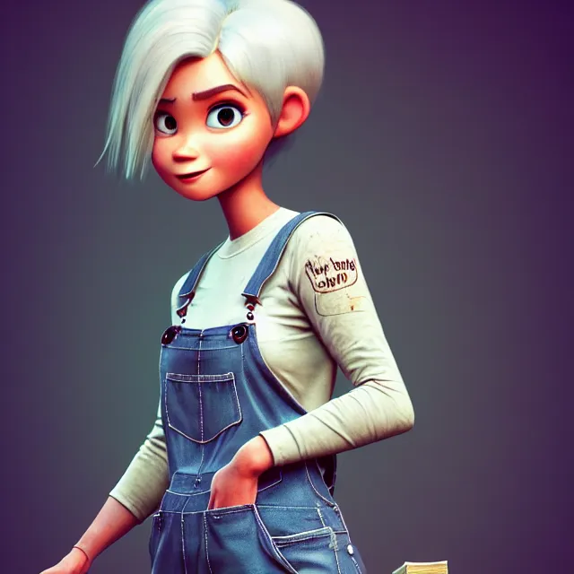 Image similar to full body pose, beautiful adult book fairy, pixar, short white hair shaved sides, dirty, grungy, grunge, long sleeve, painted overalls, stacks of giant books, highly detailed, 4 k, hdr, smooth, sharp focus, high resolution, award - winning photo, artgerm, photorealistic