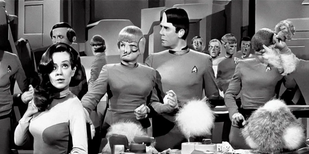 Image similar to a scene from Trouble with Tribbles, an episode of the original Star Trek series