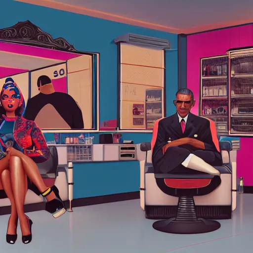 Prompt: illustration of nicki minaj sitting next to barack obama in a 6 0's vintage barbershop in queens, symmetrical, cinematic scene, brownish colors, hyper realistic, highly detailed faces, octane render, trending on artstation