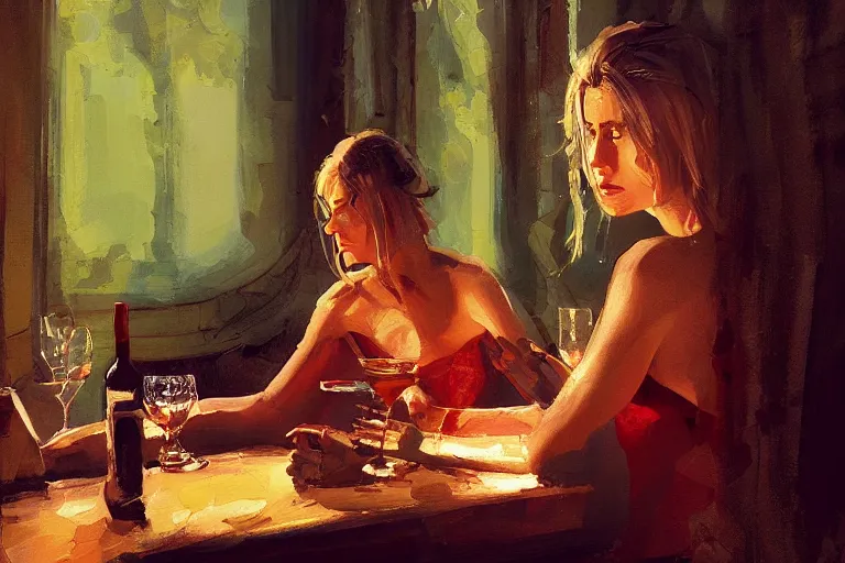 Prompt: A painting of a sympathic sorceress sitting at a table having a glas of red wine in a bar late at night by Greg Rutowski, Craig Mullins, ambient lighting, trending on artstation