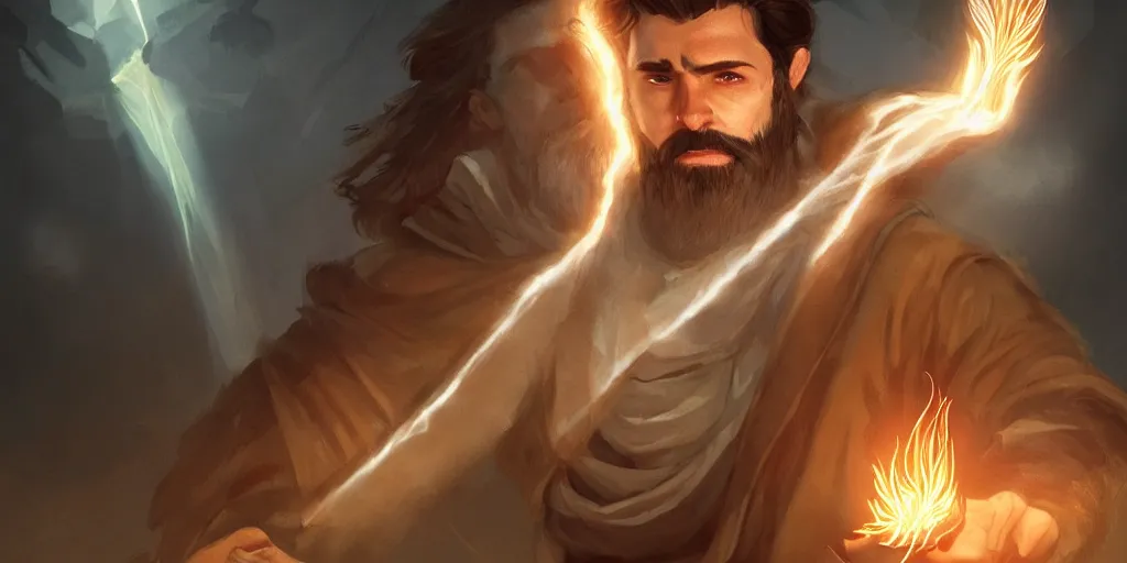 Prompt: a handsome brown hair bearded male sorcerer, he is casting a lighting spell, waist up, light rays, bloom, epic composition, dramatic lighting, concept art, cinematic, trending on artstation