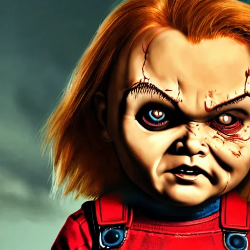 Image similar to chucky the doll in deadpool digital art 4 k detailed super realistic