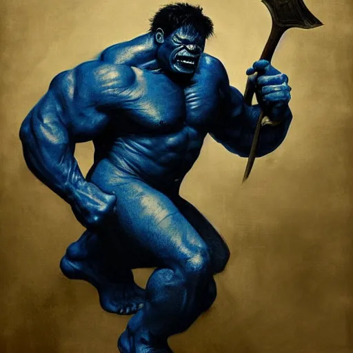 Image similar to artstation concept a midnight blue hulk holding an axe, dusty brown background, grotesque face, hyperdetailed, artstation trending, world renowned artists, worth 1 0 0 0. com, historic artworks society, antique renewel, cgsociety, by greg rutkowski, by gustave dore, deviantart