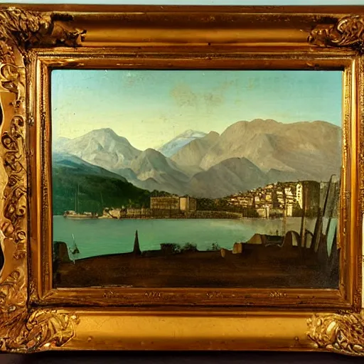 Image similar to oil painting of marbella city, beach in the foreground, mountains in the background, by leonardo da vinci