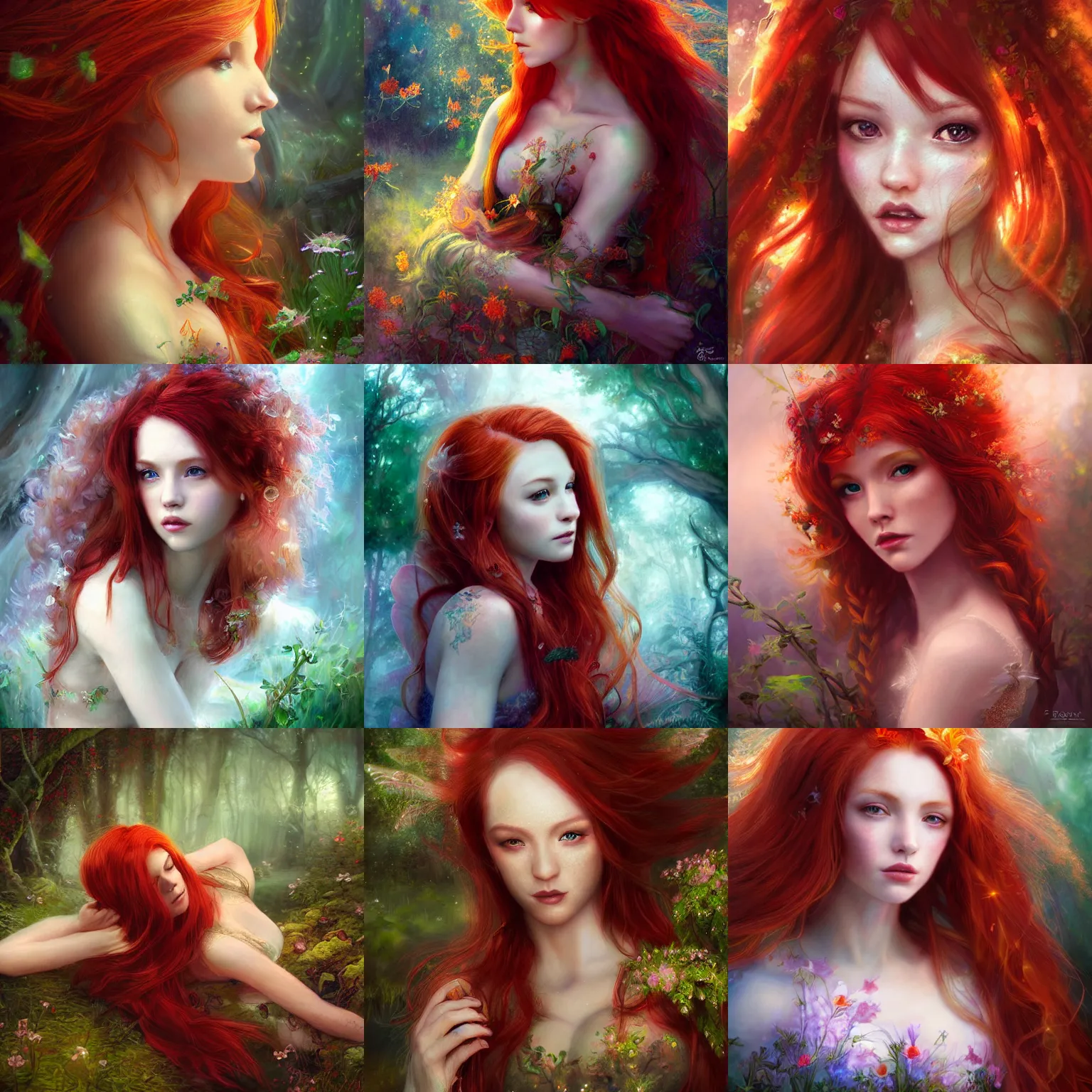 Prompt: a painting of a very beautiful irish red haired fairy by ross tran, highly detailed, fantasy, radiant lighting, intricate environment, nature
