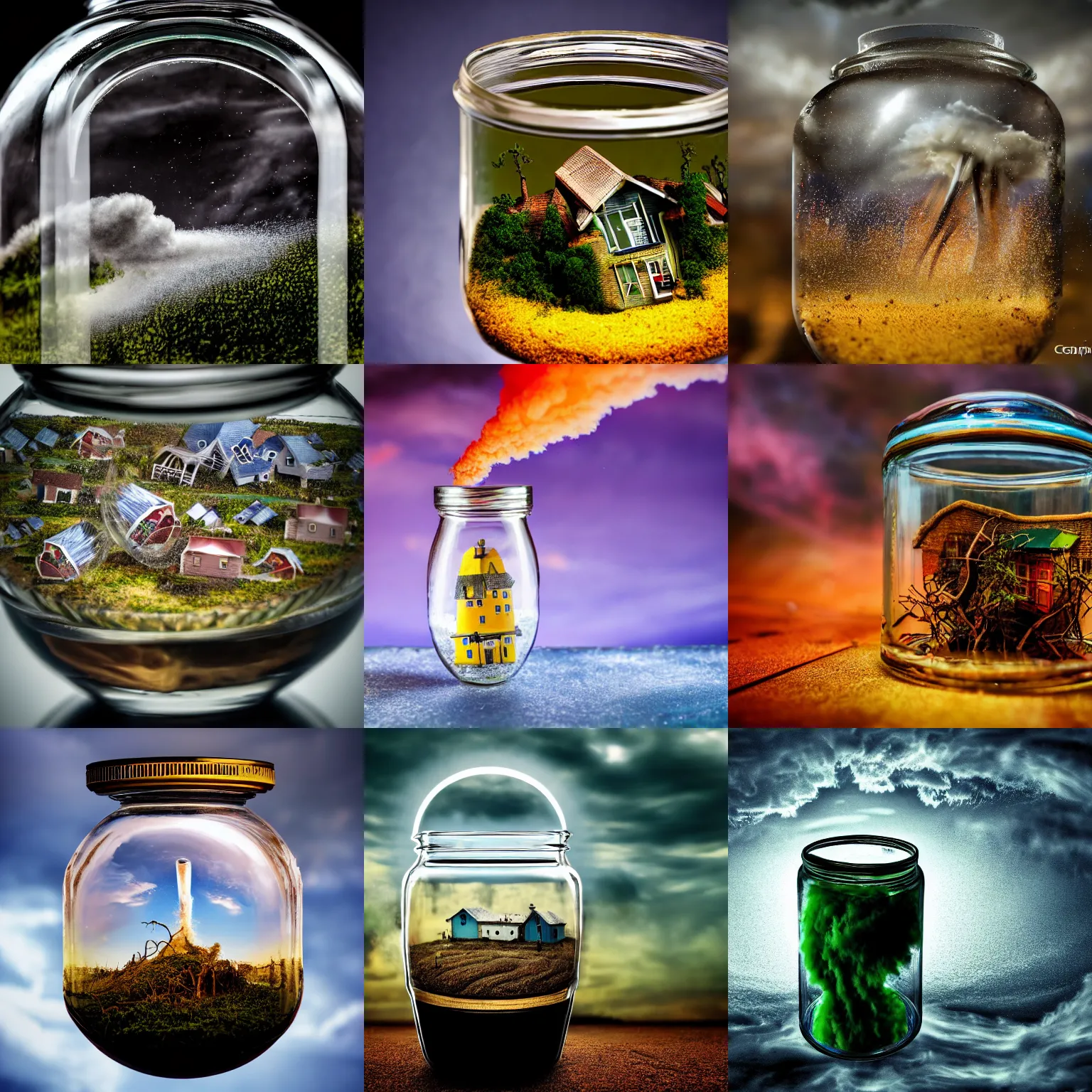 Prompt: A macro diorama surreal photo of a tornado inside a glass jar. Inside the glass jar is a small village and the tornado is destroying the village inside the jar. Closeup ultra macro photography, canon 200mm f/2.8 ISO 600, award winning, masterpiece photography, national geographic, very very very detailed high quality, 4k wallpaper