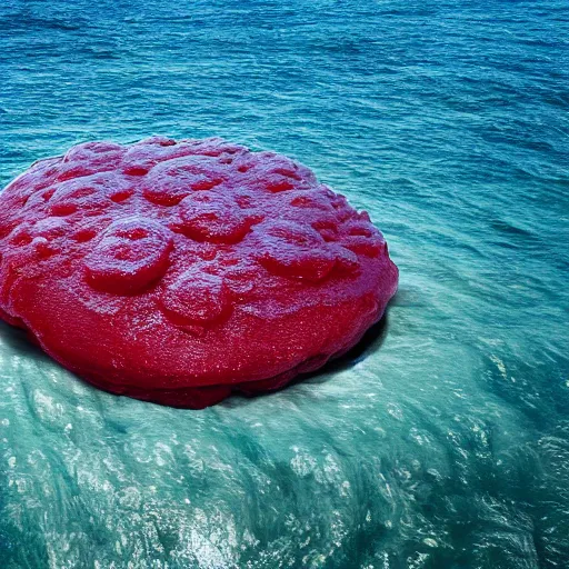 Image similar to a giant benjamin netanyahu sculpture made out of juicy red jelly on ocean surface, long shot, hyper detailed, hyper realistic, ray tracing, 8 k resolution, sharp focus, realistic water, award winning