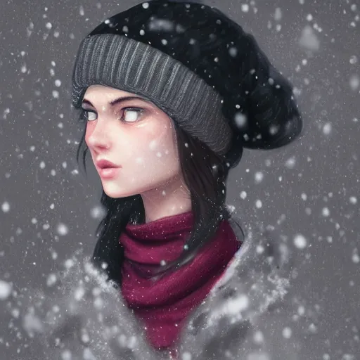 Prompt: a pink and black haired girl wearing a beanie in the snow, digital art, 8 k resolution, unreal engine, highly detailed, pretty face, very beautiful face, very detailed eyes, photorealistic by wlop, greg rutkowski