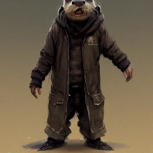 Image similar to an otter wearing baggy clothes and a black cap,digital art,art by greg rutkowski,trevor henderson,western comic style,photorealistic,realistic,deviantart,artstation,cg society,detailed face,hyperdetailed,amazing artwork,real photo